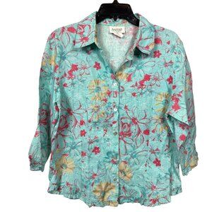 Aegean Linen Top Button Up Shirt Medium Blue Floral Ruffle Boho Lightweight